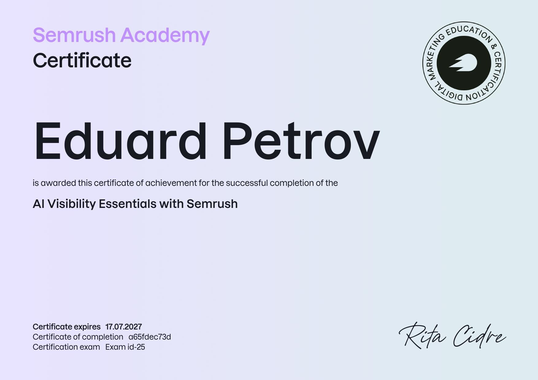 Сертифікат AI Visibility Essentials with Semrush